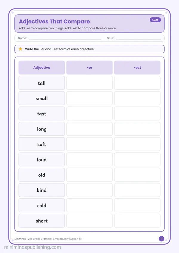 Adjectives That Compare — free printable 2nd Grade worksheet