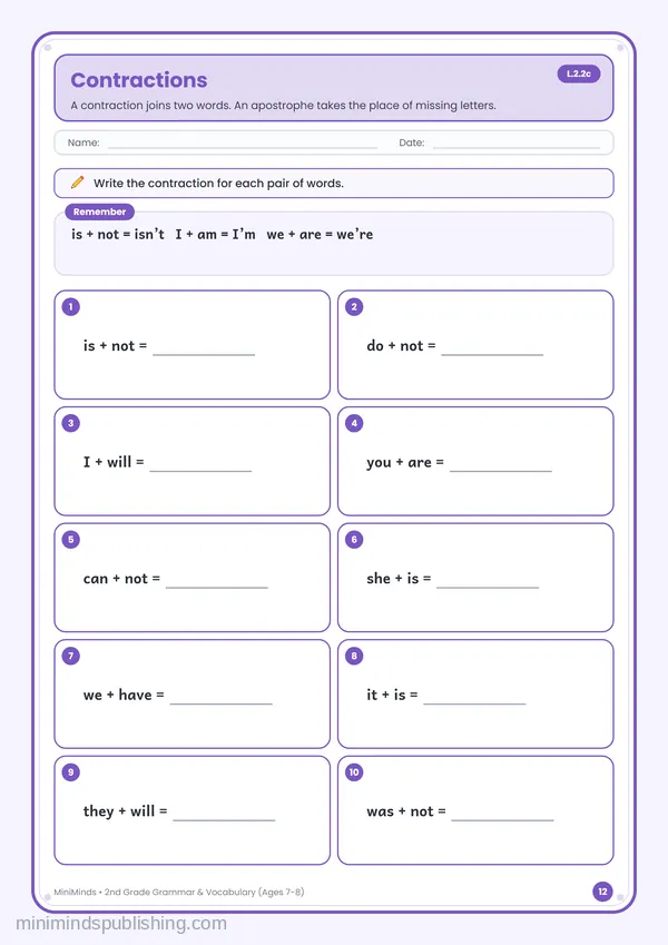 Contractions — free printable 2nd Grade worksheet
