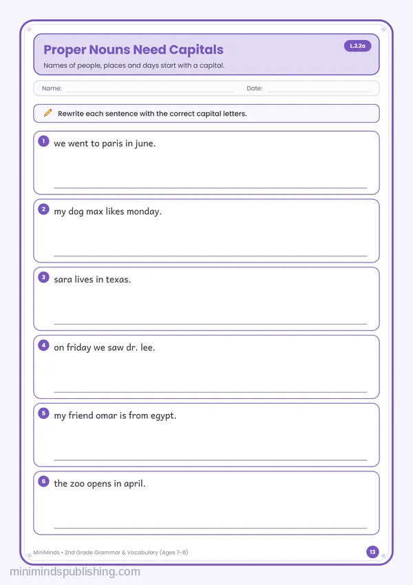 Proper Nouns Need Capitals — free printable 2nd Grade worksheet