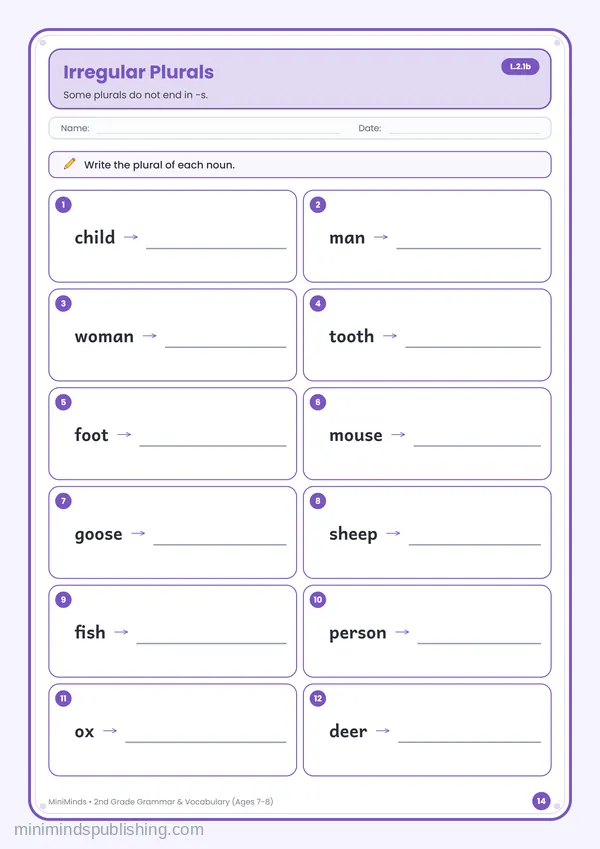 Irregular Plurals — free printable 2nd Grade worksheet
