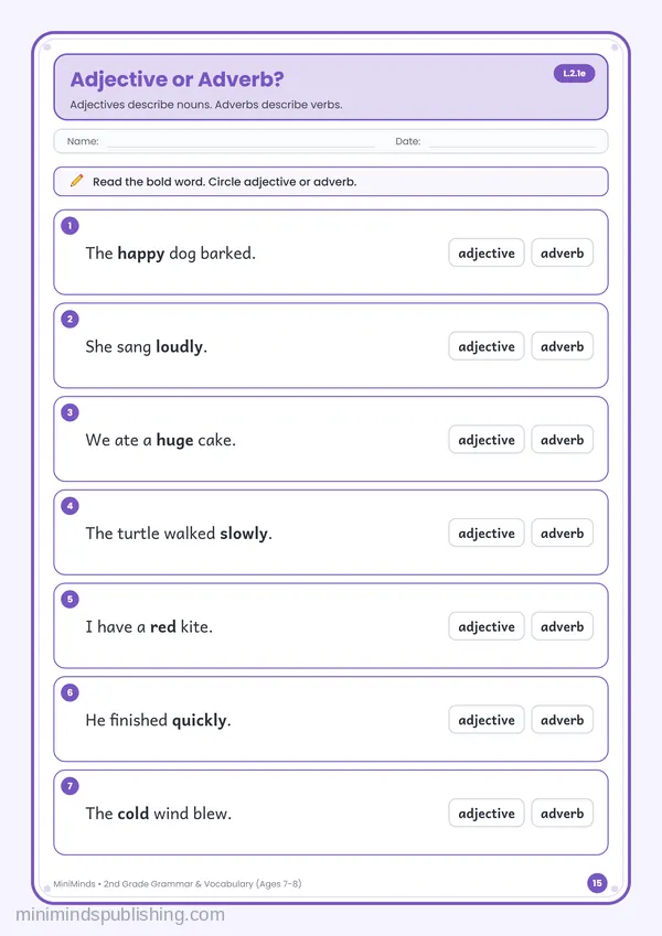Adjective or Adverb? — free printable 2nd Grade worksheet