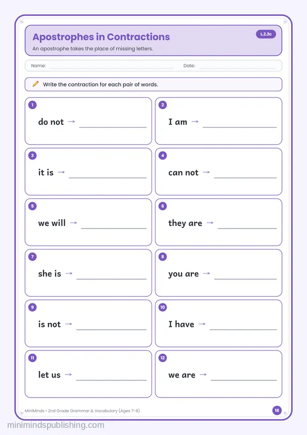 Apostrophes in Contractions — free printable 2nd Grade worksheet