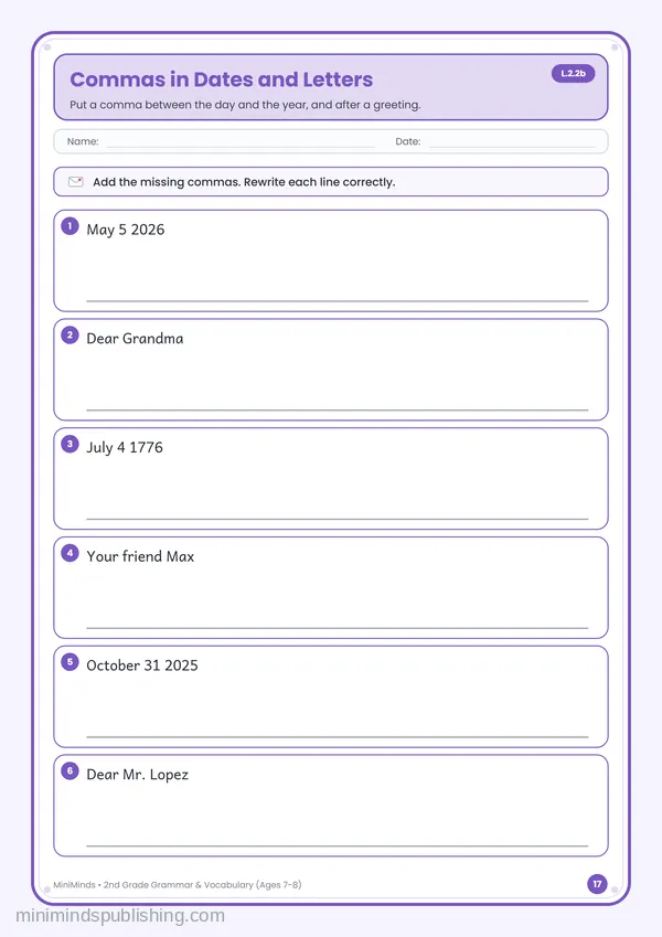 Commas in Dates and Letters — free printable 2nd Grade worksheet