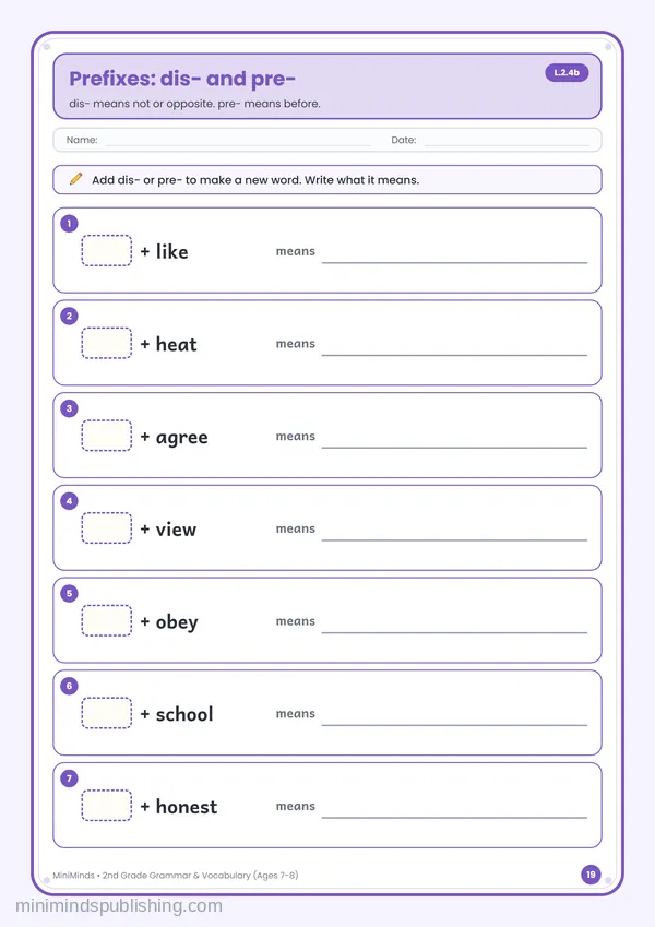 Prefixes: dis- and pre- — free printable 2nd Grade worksheet