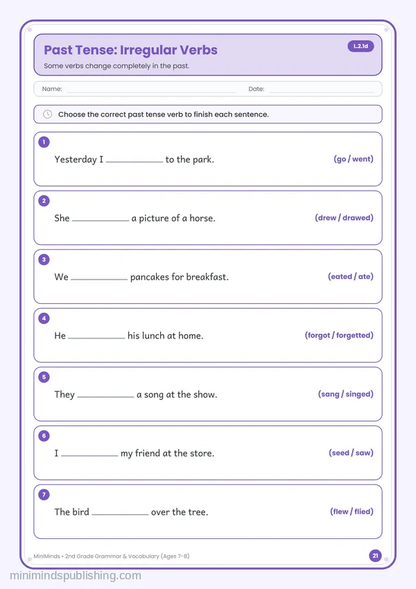 Past Tense: Irregular Verbs — free printable 2nd Grade worksheet