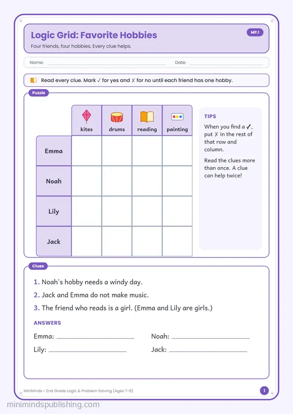 Logic Grid: Favorite Hobbies — free printable 2nd Grade worksheet