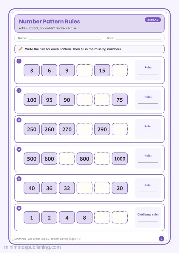 Number Pattern Rules — free printable 2nd Grade worksheet