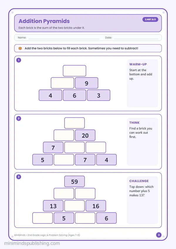 Addition Pyramids — free printable 2nd Grade worksheet