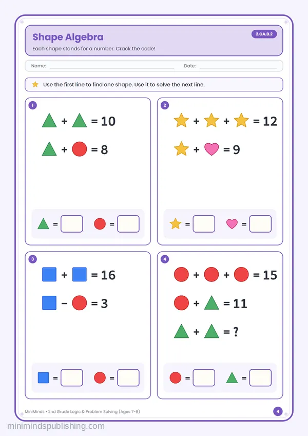Shape Algebra — free printable 2nd Grade worksheet