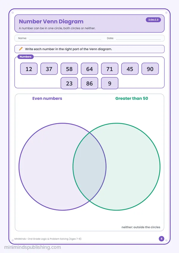 Number Venn Diagram — free printable 2nd Grade worksheet