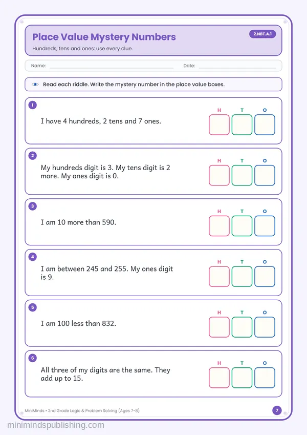 Place Value Mystery Numbers — free printable 2nd Grade worksheet