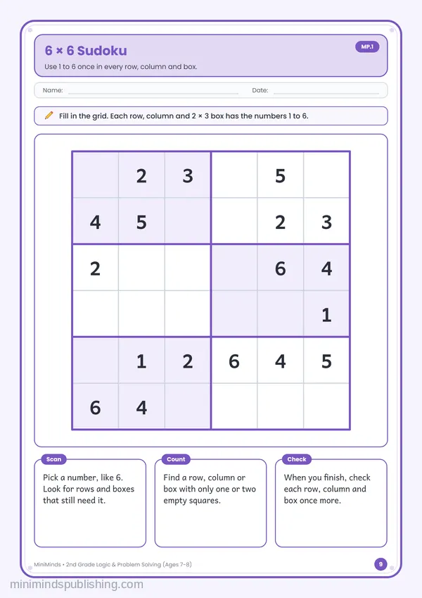 6 × 6 Sudoku — free printable 2nd Grade worksheet