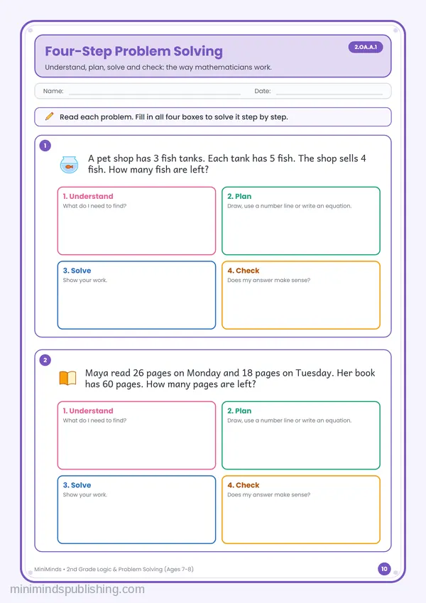 Four-Step Problem Solving — free printable 2nd Grade worksheet