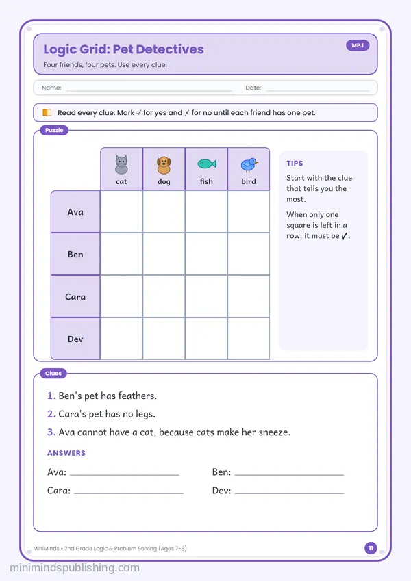 Logic Grid: Pet Detectives — free printable 2nd Grade worksheet