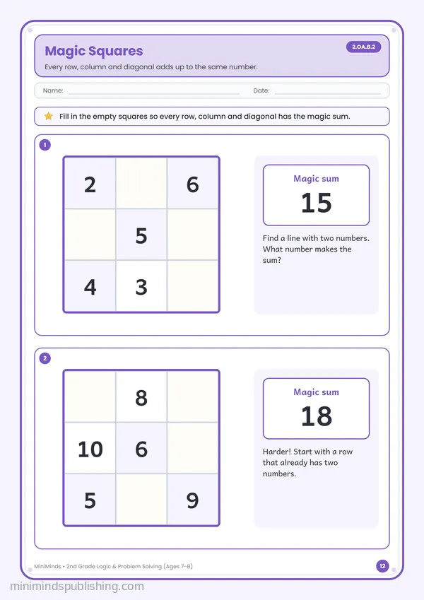 Magic Squares — free printable 2nd Grade worksheet