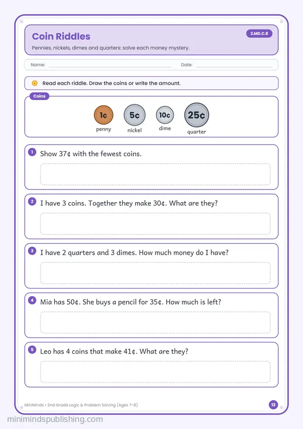 Coin Riddles — free printable 2nd Grade worksheet
