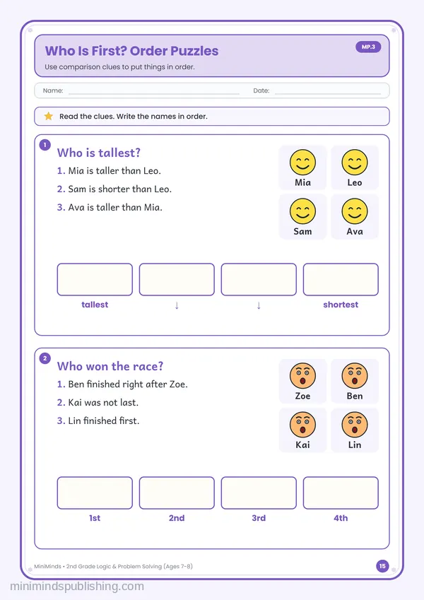 Who Is First? Order Puzzles — free printable 2nd Grade worksheet