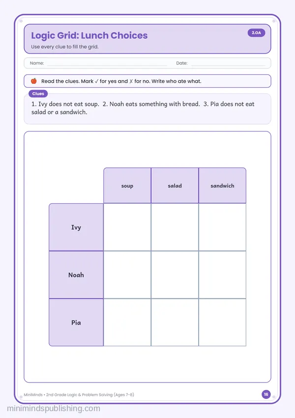 Logic Grid: Lunch Choices — free printable 2nd Grade worksheet