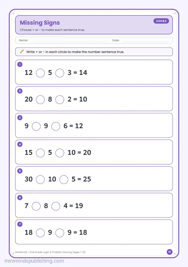 Missing Signs — free printable 2nd Grade worksheet