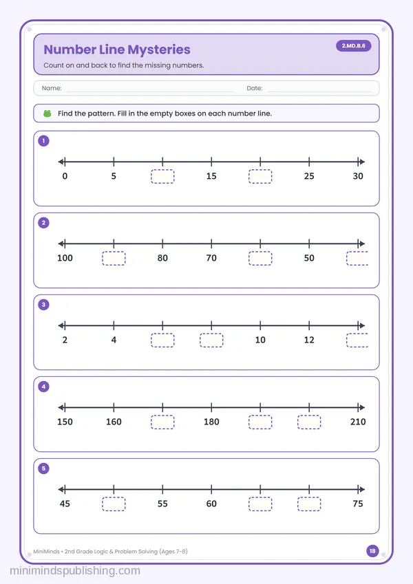 Number Line Mysteries — free printable 2nd Grade worksheet