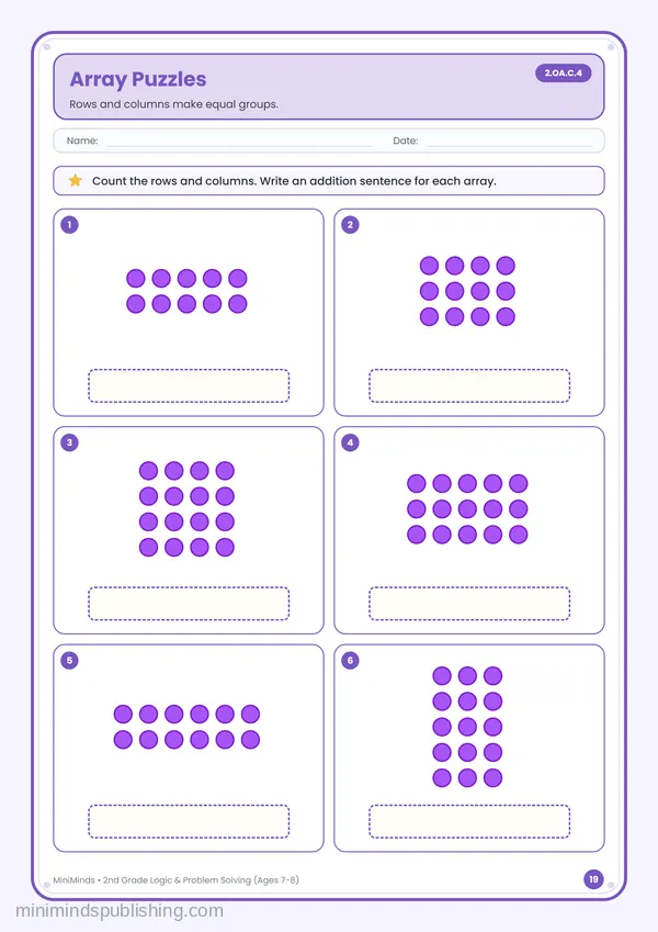Array Puzzles — free printable 2nd Grade worksheet