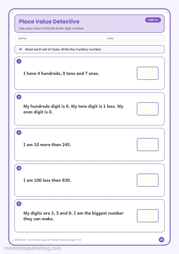 Place Value Detective — free printable 2nd Grade worksheet