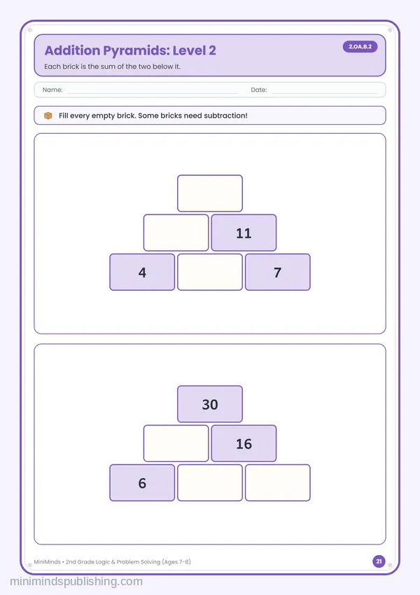 Addition Pyramids: Level 2 — free printable 2nd Grade worksheet