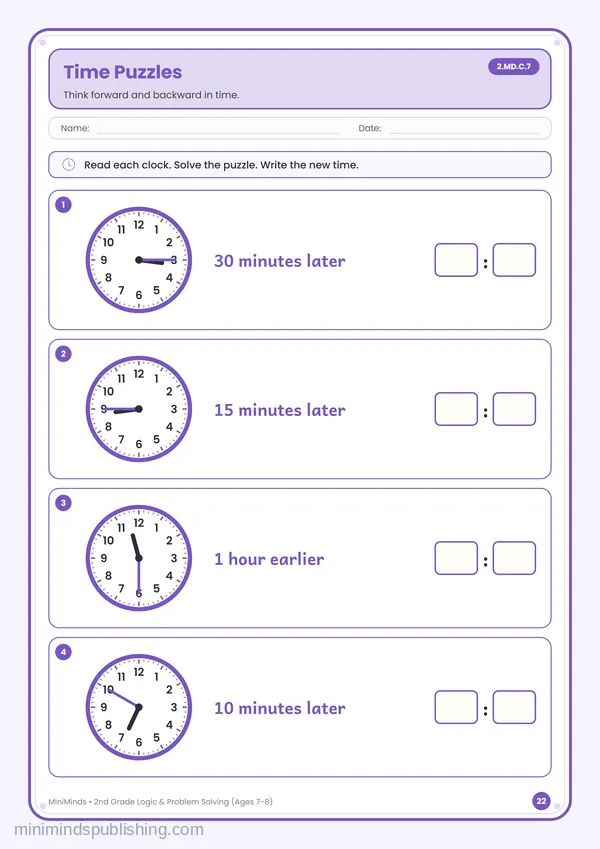 Time Puzzles — free printable 2nd Grade worksheet
