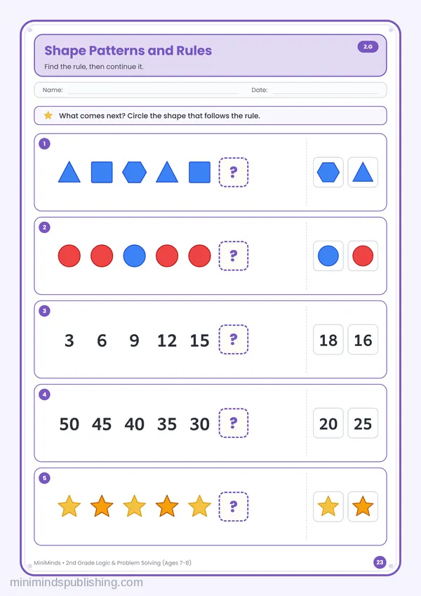 Shape Patterns and Rules — free printable 2nd Grade worksheet