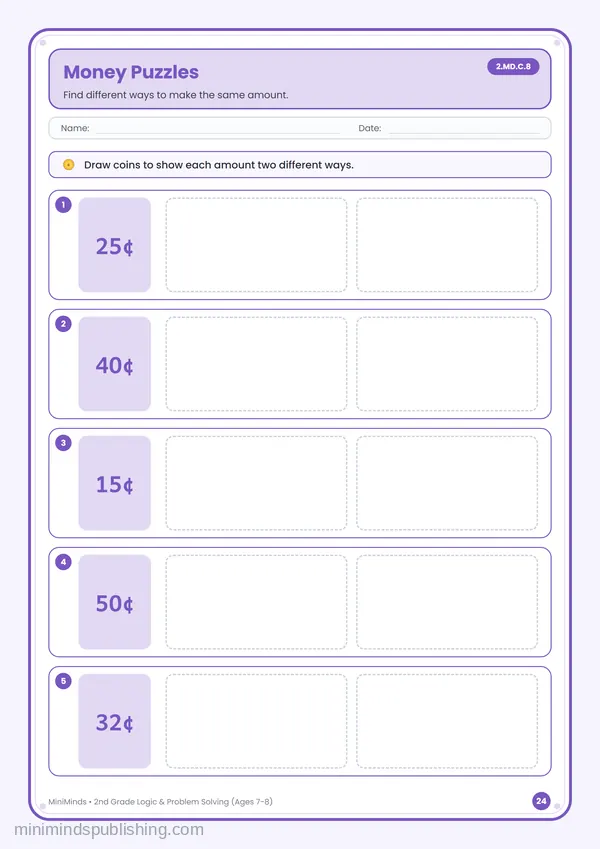 Money Puzzles — free printable 2nd Grade worksheet