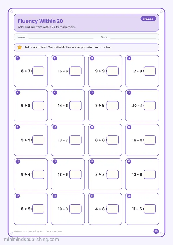 Fluency Within 20 — free printable 2nd Grade math worksheet for ages 7-8 (Common Core 2.OA.B.2)