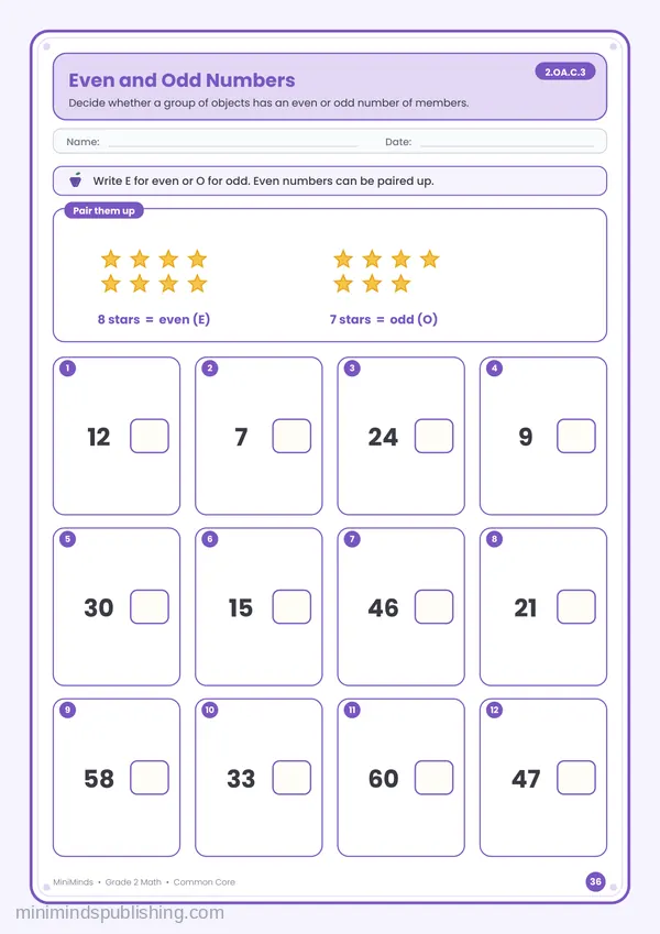 Even and Odd Numbers — free printable 2nd Grade math worksheet for ages 7-8 (Common Core 2.OA.C.3)