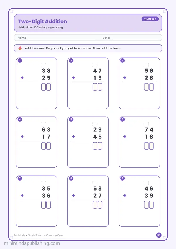 Two-Digit Addition — free printable 2nd Grade math worksheet for ages 7-8 (Common Core 2.NBT.B.5)