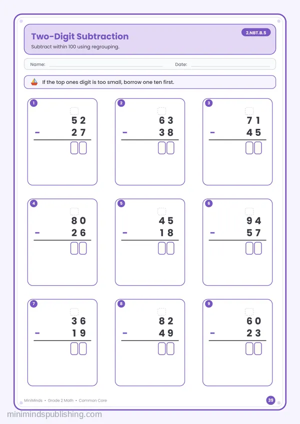 Two-Digit Subtraction — free printable 2nd Grade math worksheet for ages 7-8 (Common Core 2.NBT.B.5)