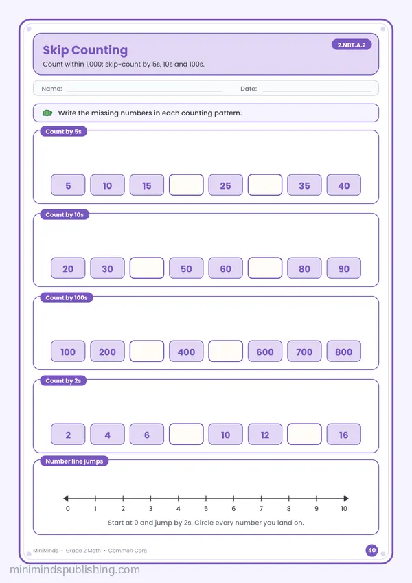 Skip Counting — free printable 2nd Grade math worksheet for ages 7-8 (Common Core 2.NBT.A.2)