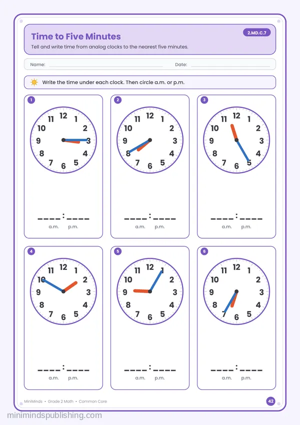 Time to Five Minutes — free printable 2nd Grade math worksheet for ages 7-8 (Common Core 2.MD.C.7)