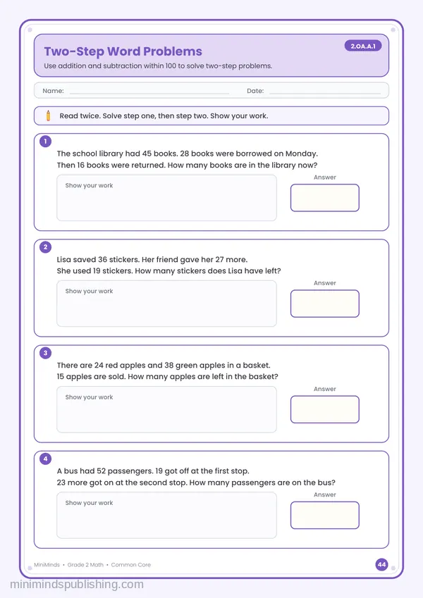 Two-Step Word Problems — free printable 2nd Grade math worksheet for ages 7-8 (Common Core 2.OA.A.1)