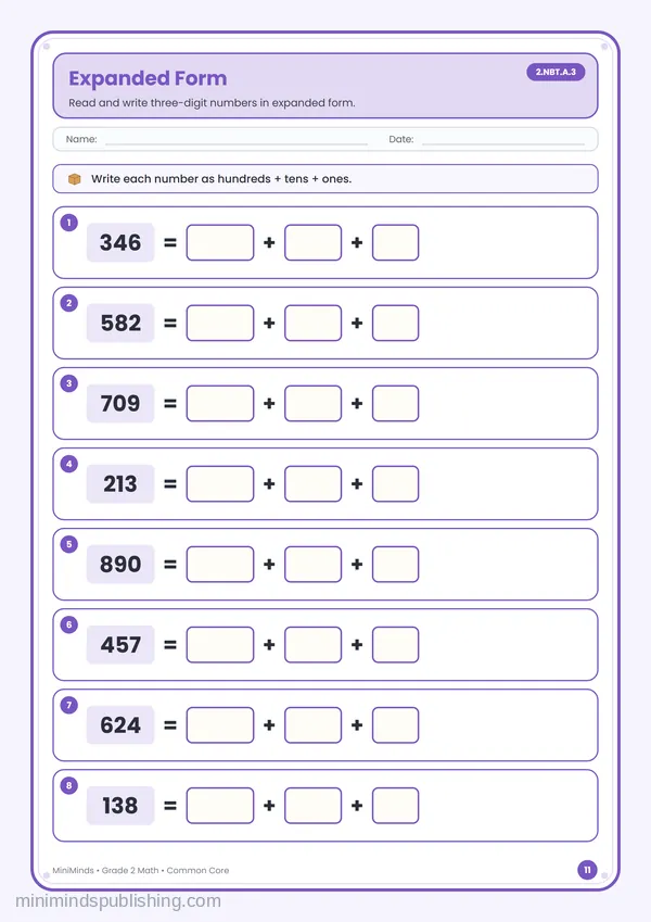 Expanded Form — free printable 2nd Grade math worksheet for ages 7-8 (Common Core 2.NBT.A.3)