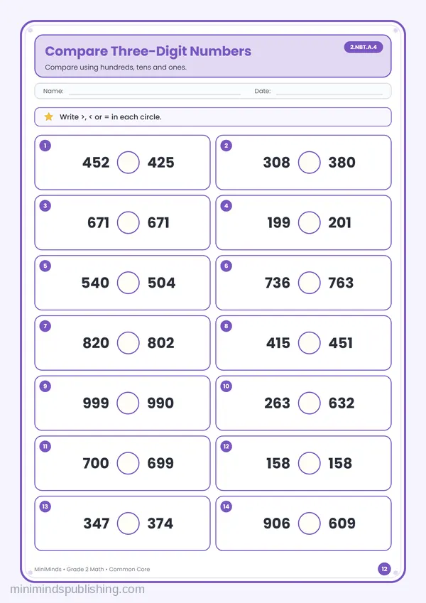 Compare Three-Digit Numbers — free printable 2nd Grade math worksheet for ages 7-8 (Common Core 2.NBT.A.4)