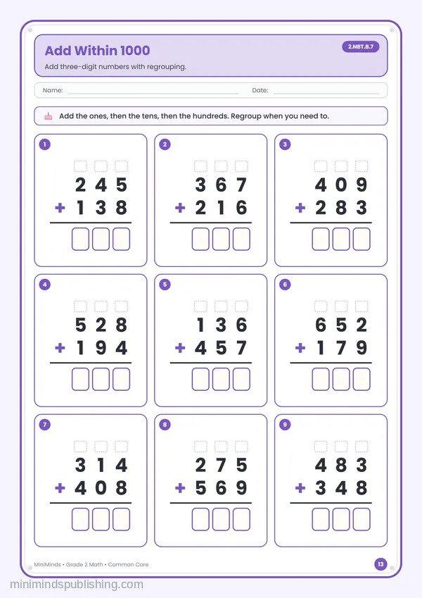 Add Within 1000 — free printable 2nd Grade math worksheet for ages 7-8 (Common Core 2.NBT.B.7)
