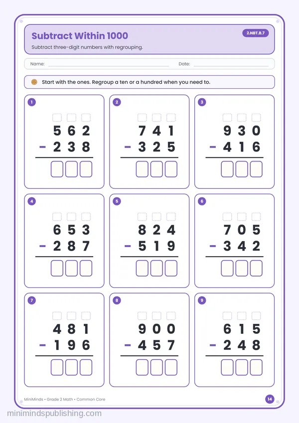 Subtract Within 1000 — free printable 2nd Grade math worksheet for ages 7-8 (Common Core 2.NBT.B.7)