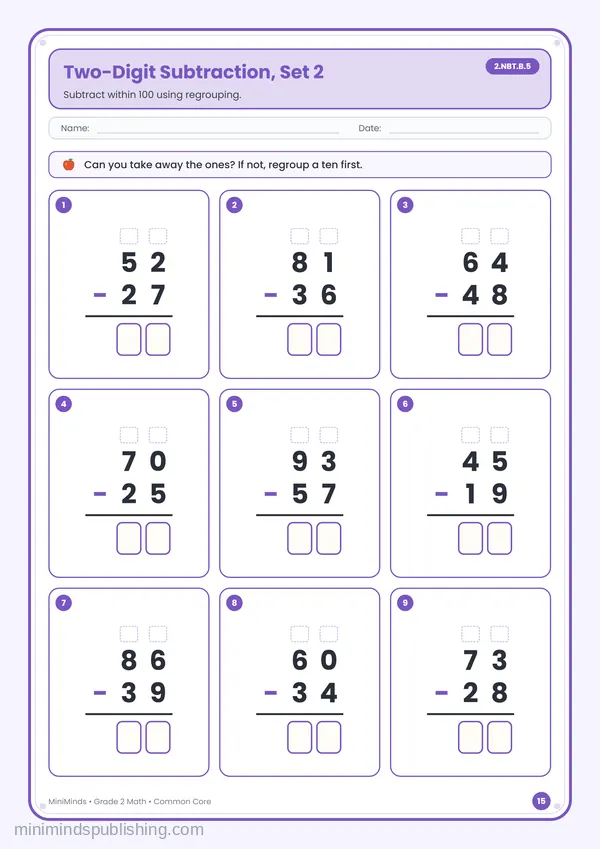Two-Digit Subtraction, Set 2 — free printable 2nd Grade math worksheet for ages 7-8 (Common Core 2.NBT.B.5)