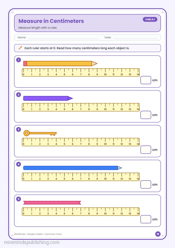Measure in Centimeters — free printable 2nd Grade math worksheet for ages 7-8 (Common Core 2.MD.A.1)