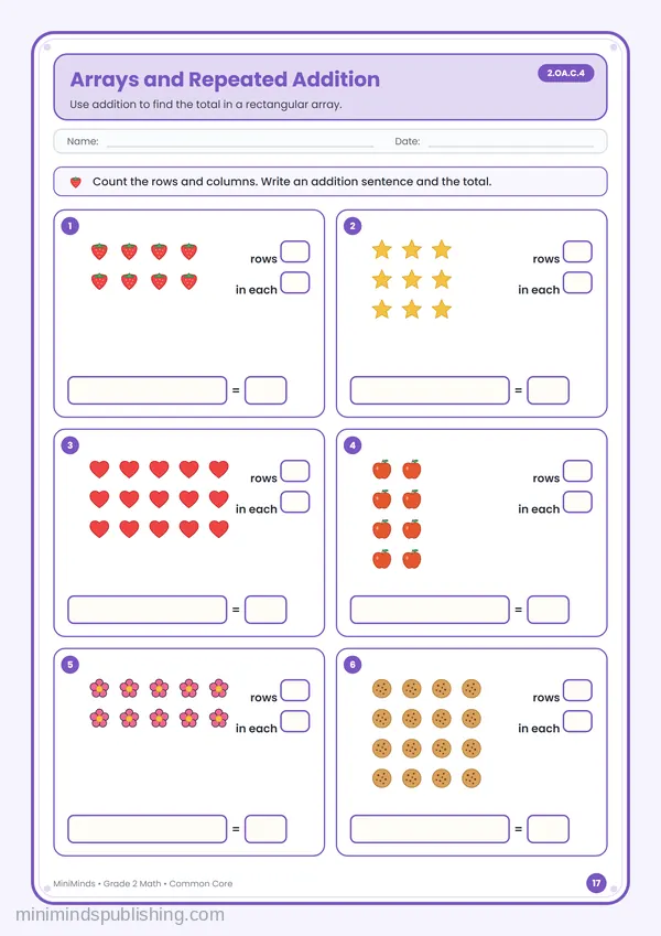 Arrays and Repeated Addition — free printable 2nd Grade math worksheet for ages 7-8 (Common Core 2.OA.C.4)
