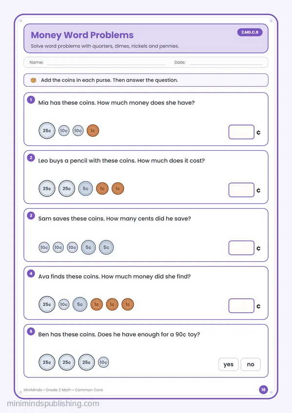 Money Word Problems — free printable 2nd Grade math worksheet for ages 7-8 (Common Core 2.MD.C.8)