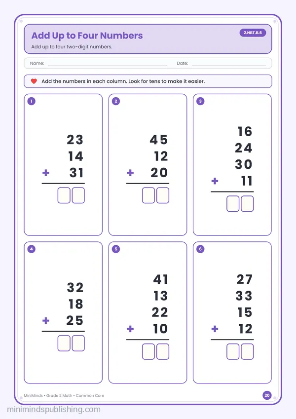 Add Up to Four Numbers — free printable 2nd Grade math worksheet for ages 7-8 (Common Core 2.NBT.B.6)