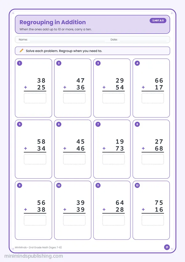 Regrouping in Addition — free printable 2nd Grade math worksheet for ages 7-8 (Common Core 2.NBT.B.5)