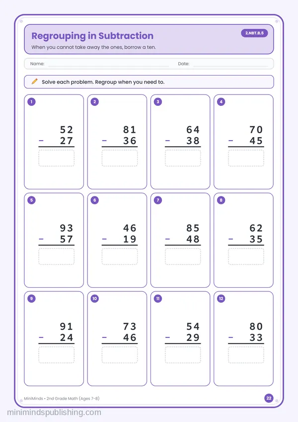 Regrouping in Subtraction — free printable 2nd Grade math worksheet for ages 7-8 (Common Core 2.NBT.B.5)