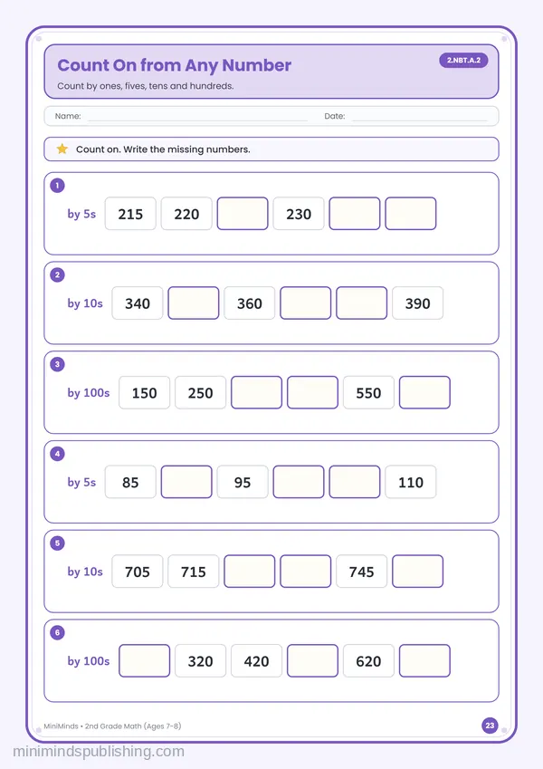 Count On from Any Number — free printable 2nd Grade math worksheet for ages 7-8 (Common Core 2.NBT.A.2)
