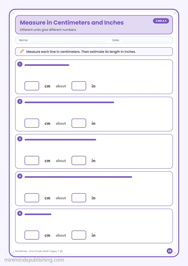 Measure in Centimeters and Inches — free printable 2nd Grade math worksheet for ages 7-8 (Common Core 2.MD.A.2)